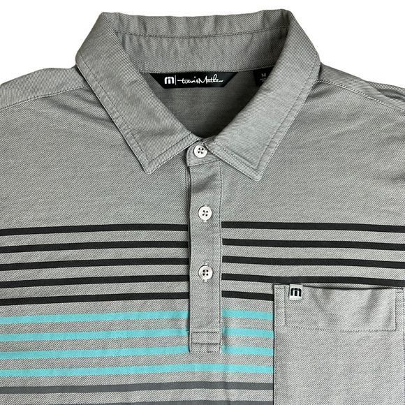 Travis Mathew Gray Striped Short Sleeve Collared Polo Shirt Medium Logo Sleeve‎ - Picture 1 of 7